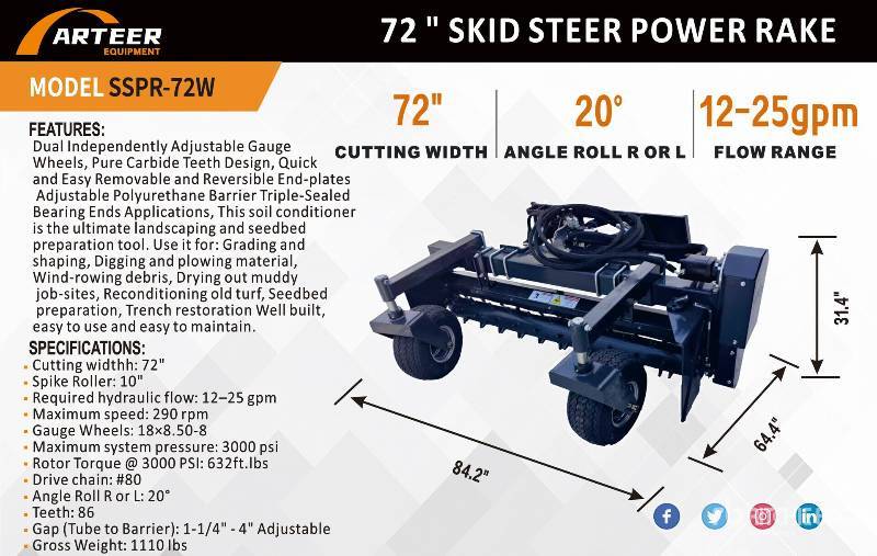 Arteer - 72in Skid Steer Power Rake SSPR-72W