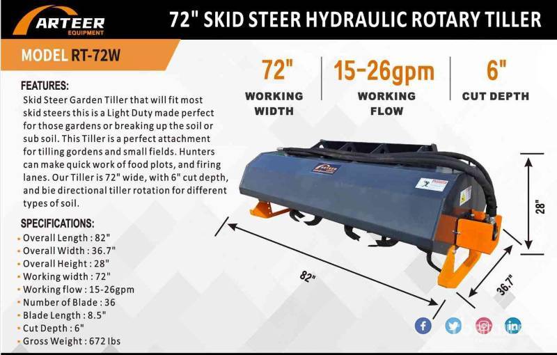 Arteer - 72" Skid Steer Hydraulic Rotary Tiller RT-72W