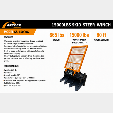 Arteer 15,000 skid steer winch