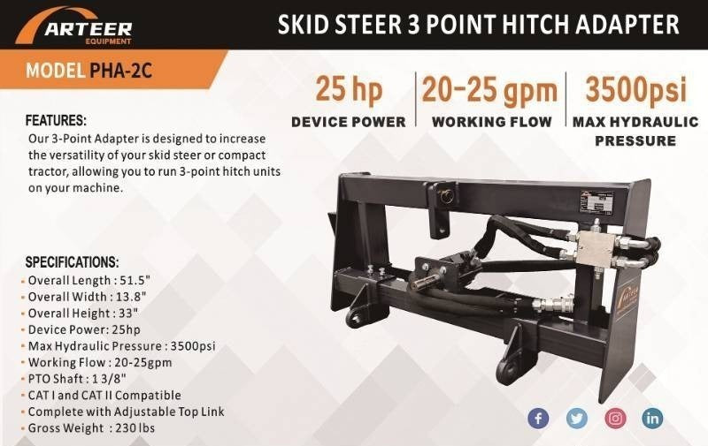 Arteer Skid Steer 3 Point Hitch Adapter w/ Hydraulic PTO Model: PHA-2C