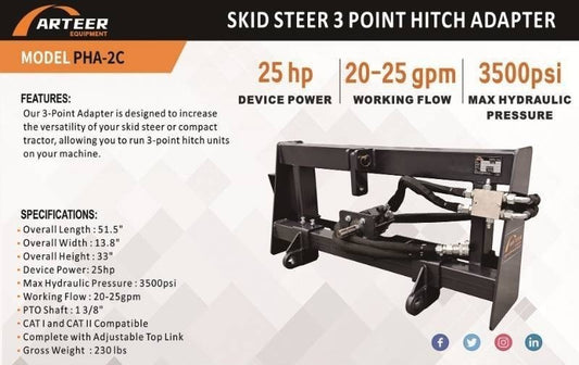 Arteer Skid Steer 3 Point Hitch Adapter w/ Hydraulic PTO Model: PHA-2C